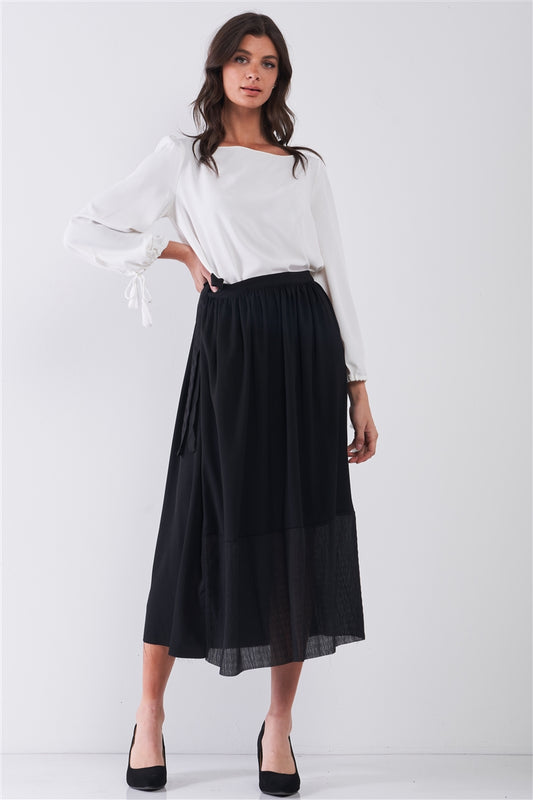 Self-Tie High Waist A-Line Flare Midi Skirt.