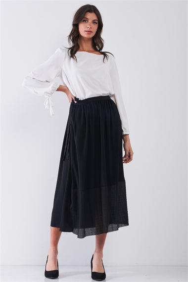 Self-Tie High Waist A-Line Flare Midi Skirt