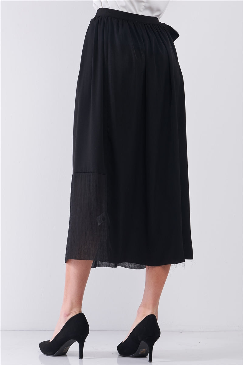 Black Self-Tie High Waist A-Line Flare Midi Skirt