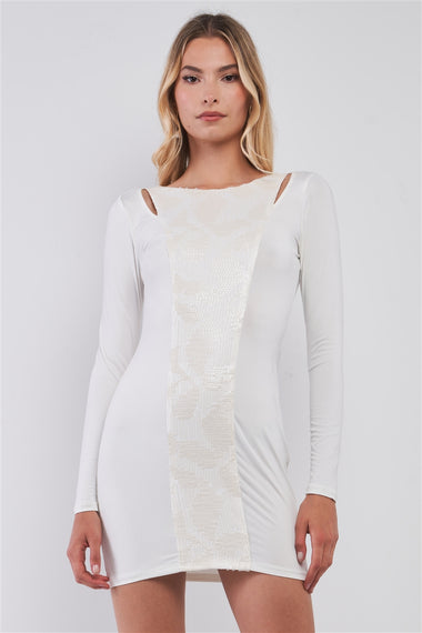 White Sequined Center Front Detail Long Sleeve Mini Dress.