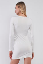 White Sequined Center Front Detail Long Sleeve Mini Dress