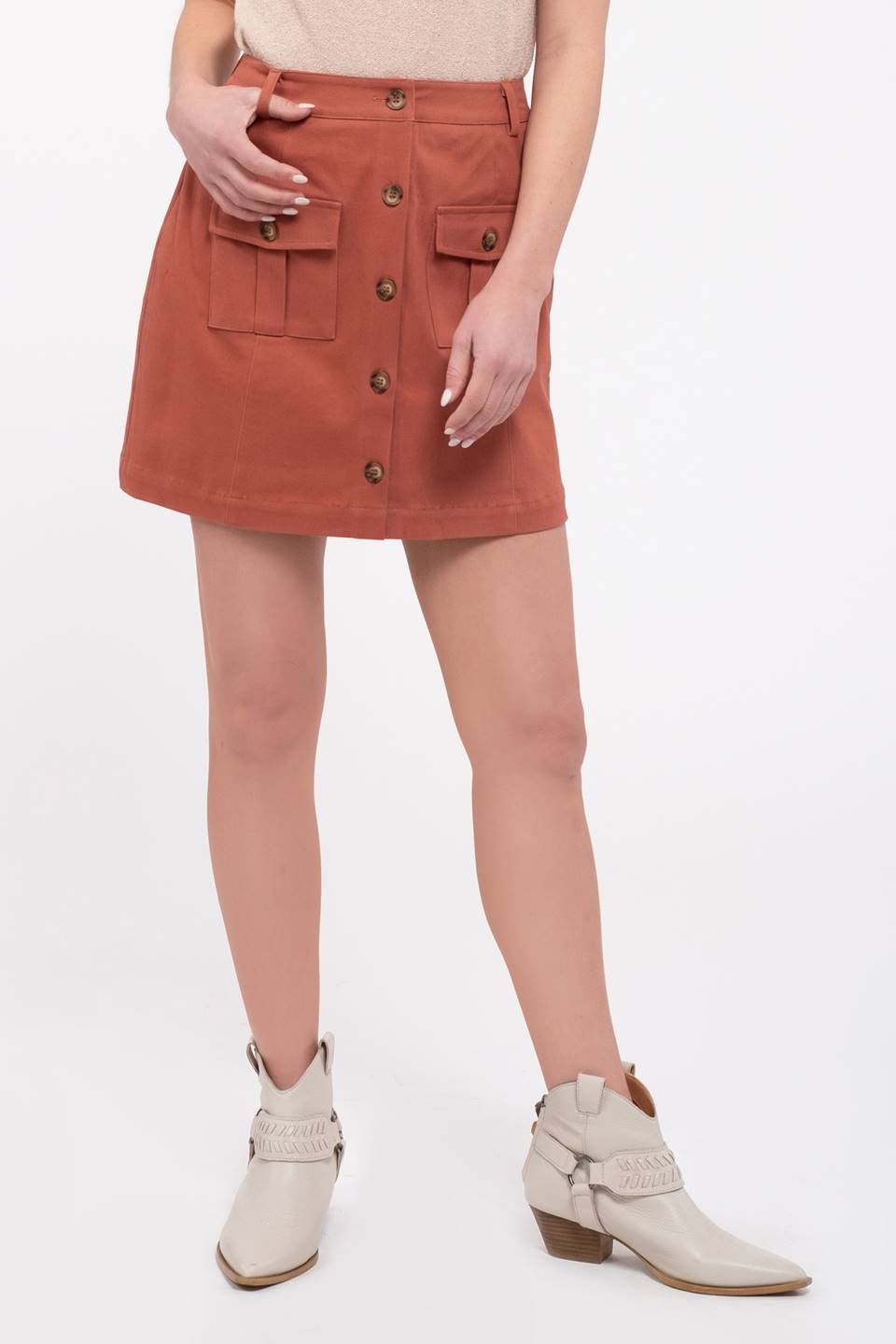 Front Button Woven Mini Skirt.