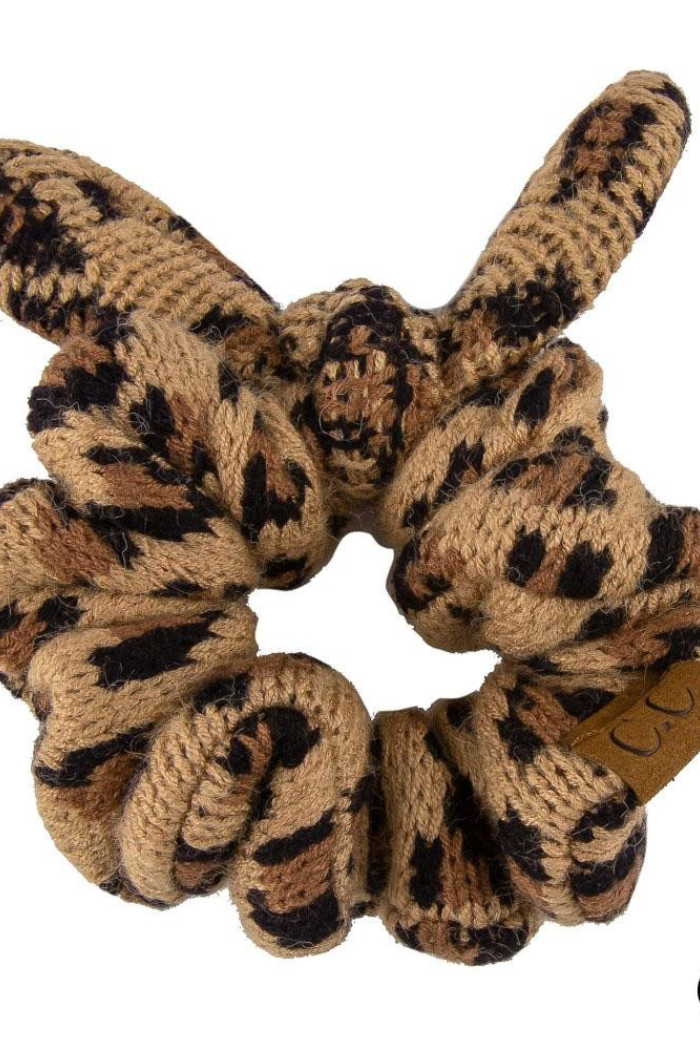 Leopard Print Bow Top Knit Scrunchie