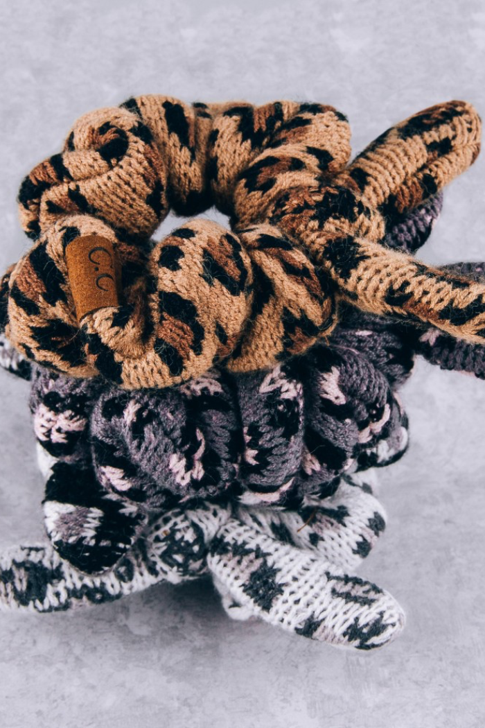 Leopard Print Bow Top Knit Scrunchie.