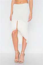 Cream Front Slit Flounce Hem Midi Skirt.