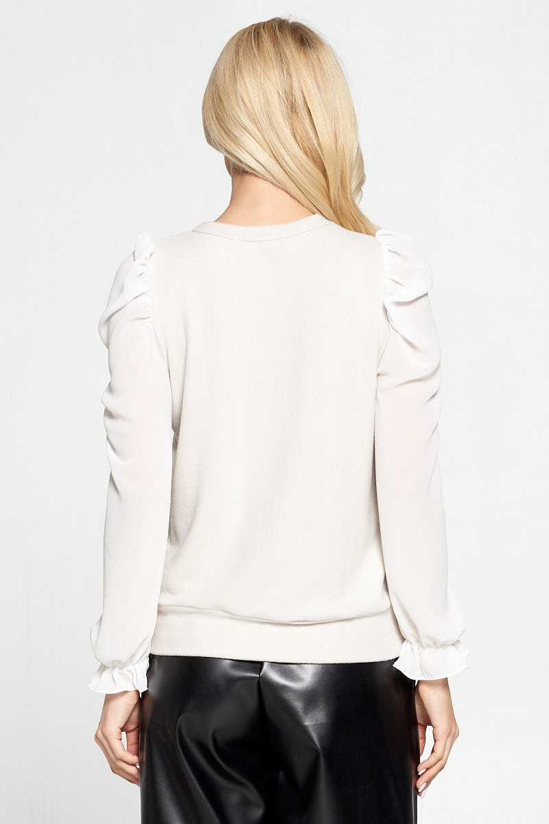 Cotton Round neck Top with Sheer Puff Sleeve