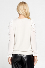 Cotton Round neck Top w/Sheer Puff Sleeve.