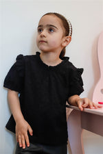 Girls Black Embroidered Ruffle Top.