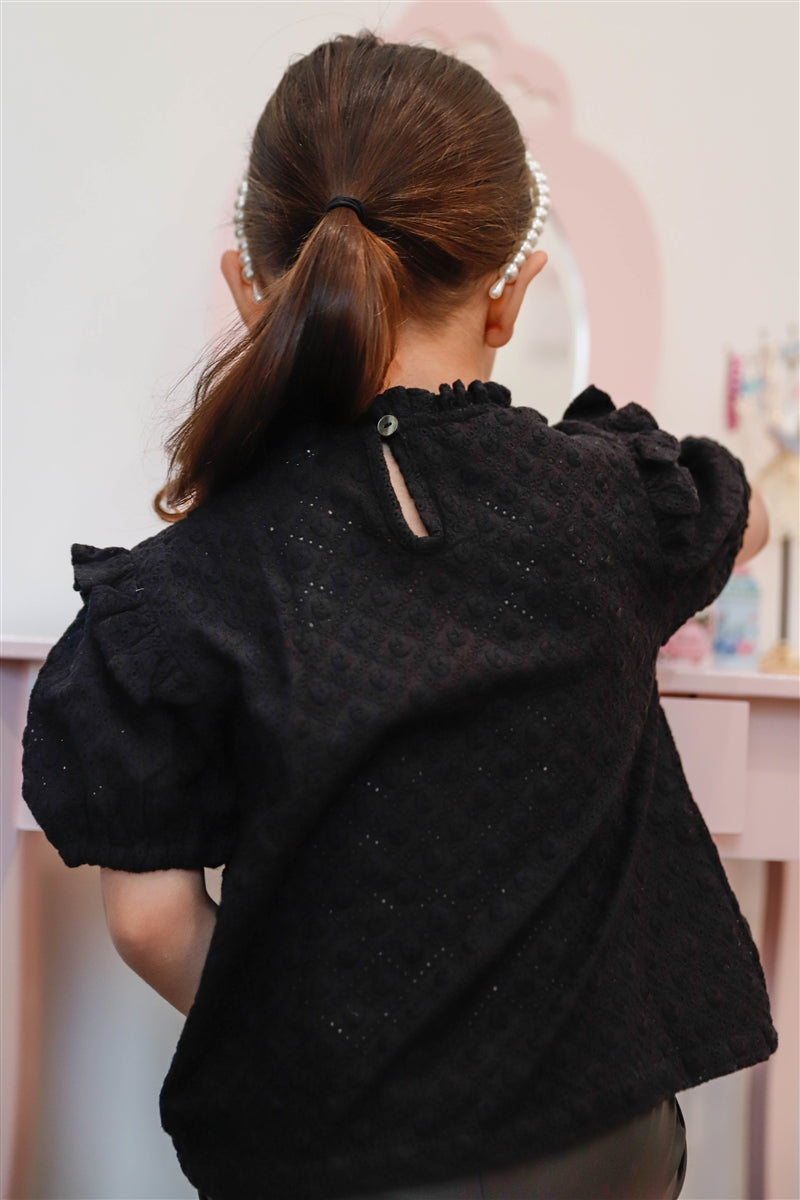 Girls Black Embroidered Ruffle Top.