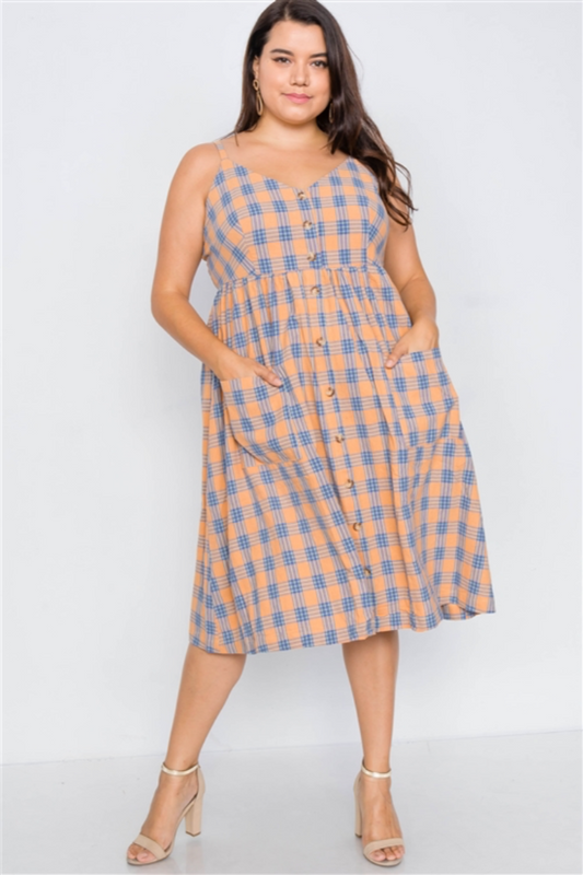 Plus Size Plaid V-Neck Midi Dress.