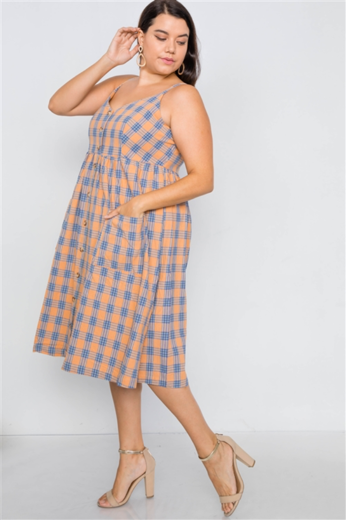 Plus Size Plaid V-Neck Midi Dress.