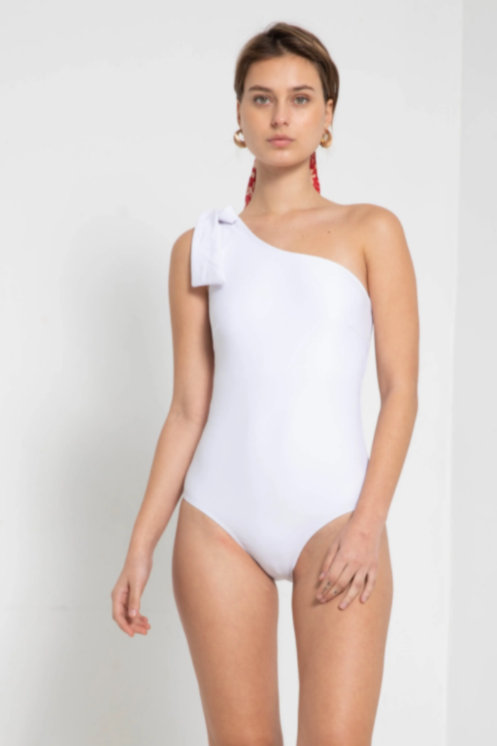 One-Off Shoulder with Tie Ribbon White Swimsuit