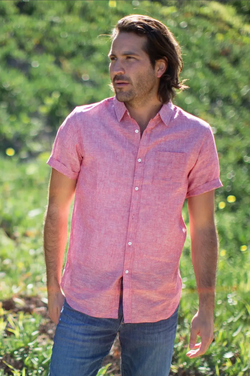 Short Sleeve Solid Linen Shirt.