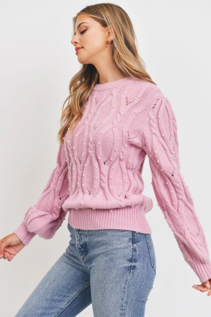 Pearl Embellished Cable Knit Sweater