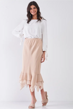 High-Waisted Fitted Asymmetrical Flare Hem Midi Pencil Skirt