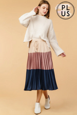 PLUS SIZE Color-Block Pleated Satin Midi Skirt
