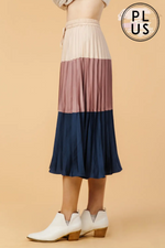 Plus Size Color-Block Pleated Satin Midi Skirt.