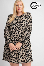 Plus Size Leopard Print Bubble Sleeve Swing Dress