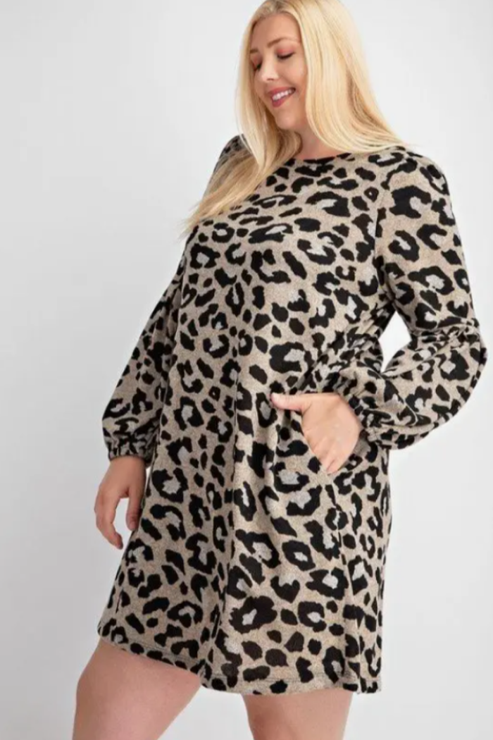 Plus Size Leopard Print Bubble Sleeve Swing Dress