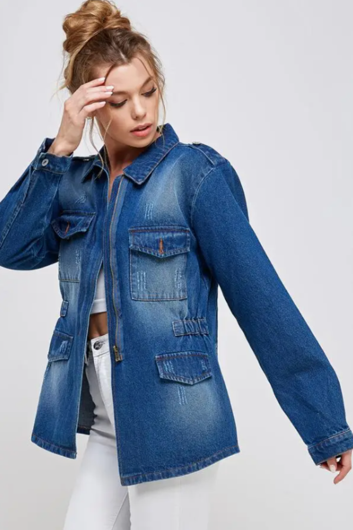 Women's Half Zipper Distressed Denim Jacket