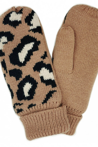 Leopard Print Knit Mittens Fleece Lining.