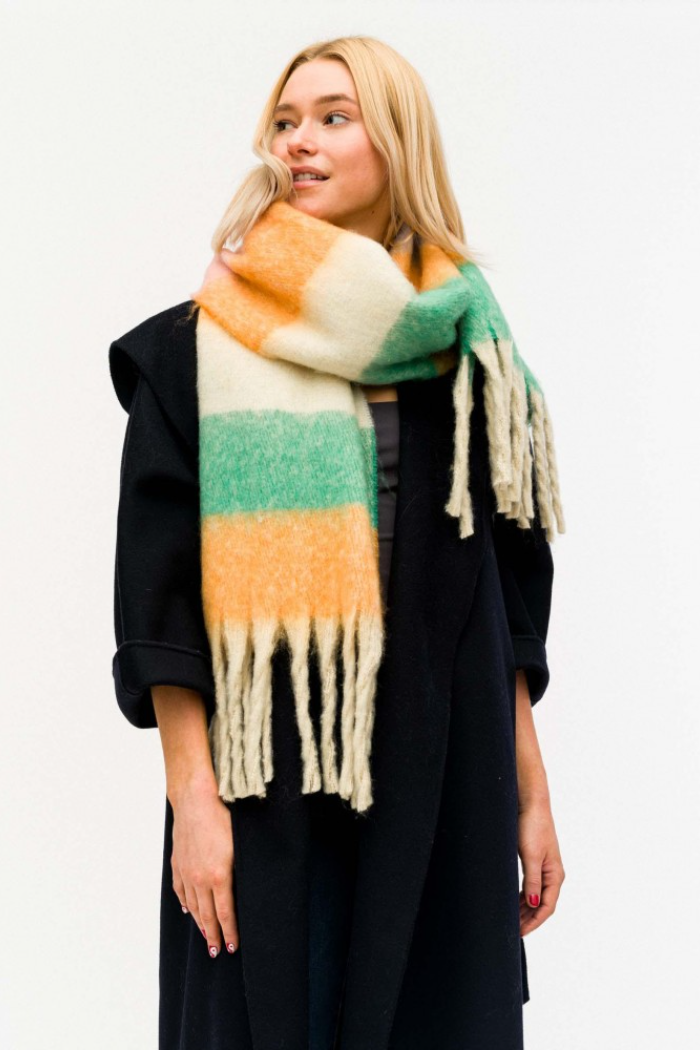 Knit Scarf Featuring Stripe Accents and Tassel Edges