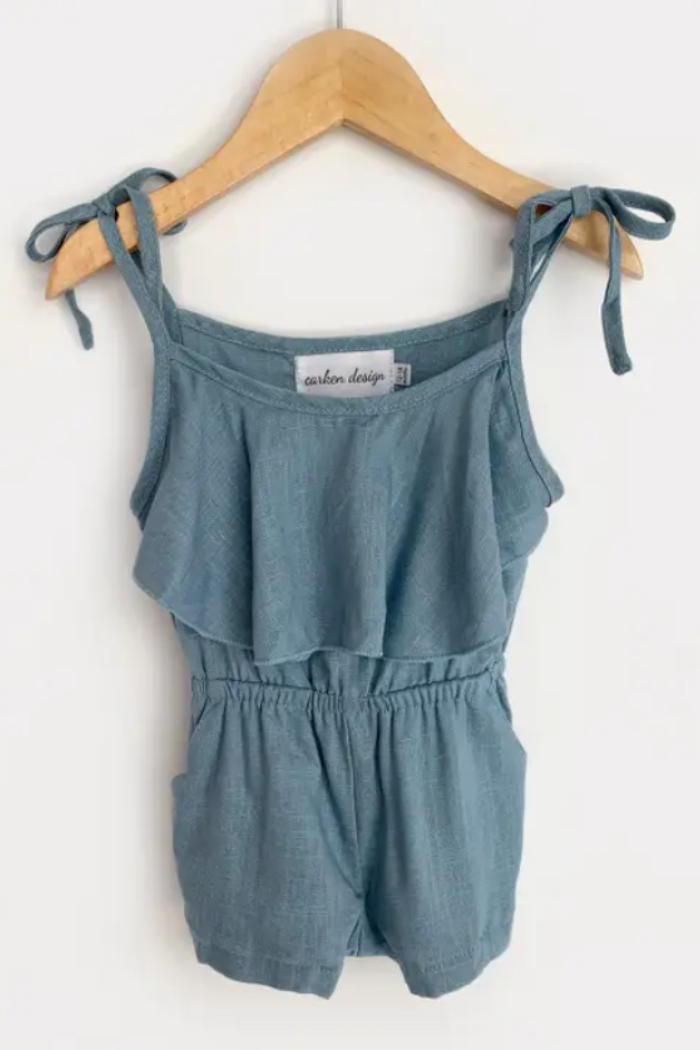 Girls Medium Blue Linen Tie Romper.
