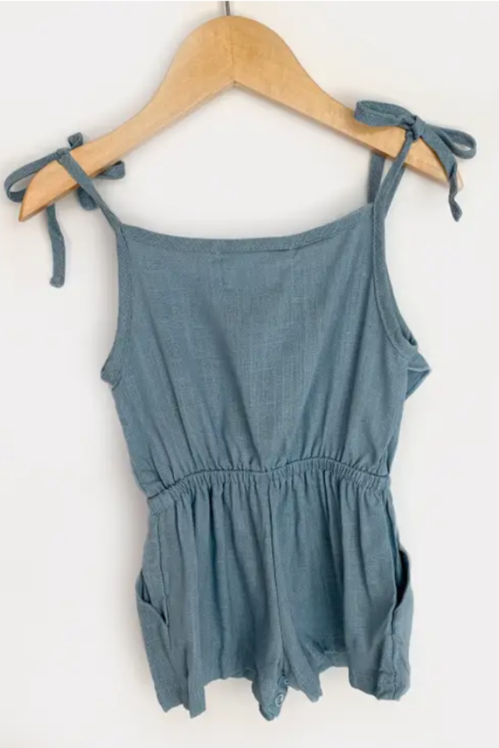 Girls Medium Blue Linen Tie Romper.