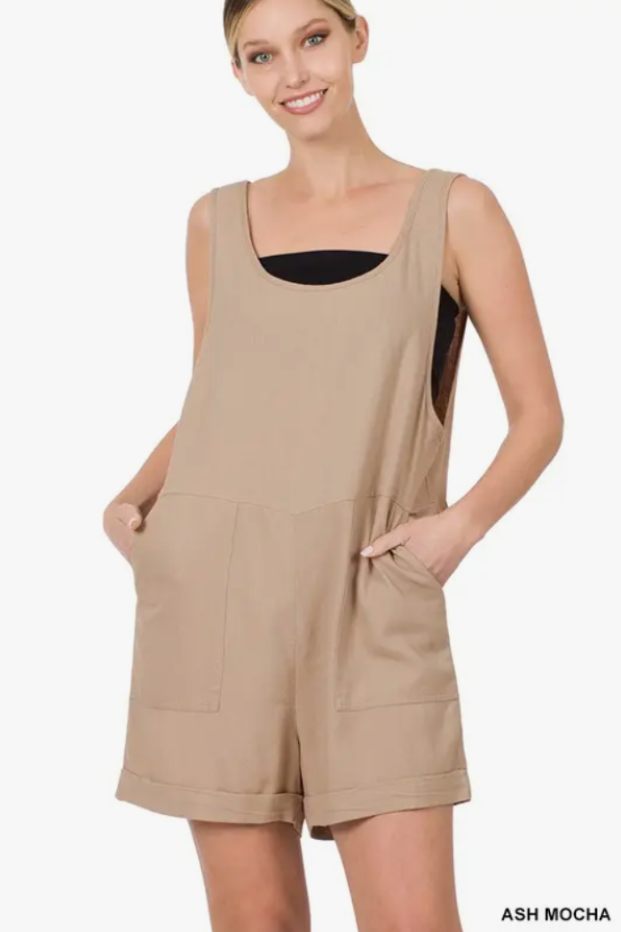 Linen Shorts Romper With Pockets