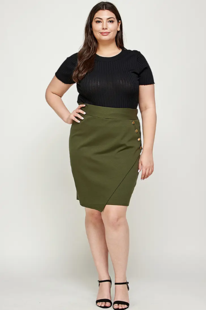 Plus Size Asymmetrical Pencil Skirt w/Buttons.