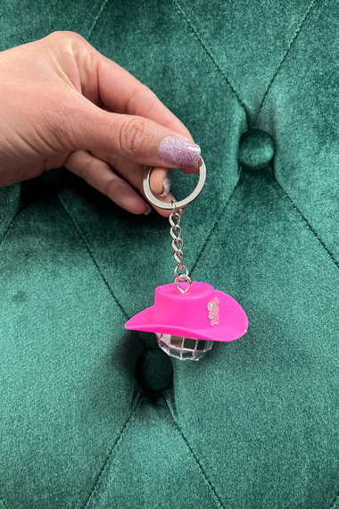 Pink Cowboy Hat Disco Ball Keychain