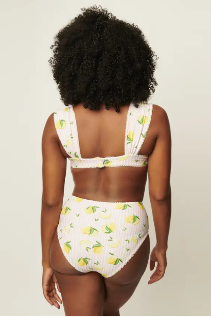 Light Pink Stripes & Lemons Ruched Swim Top.