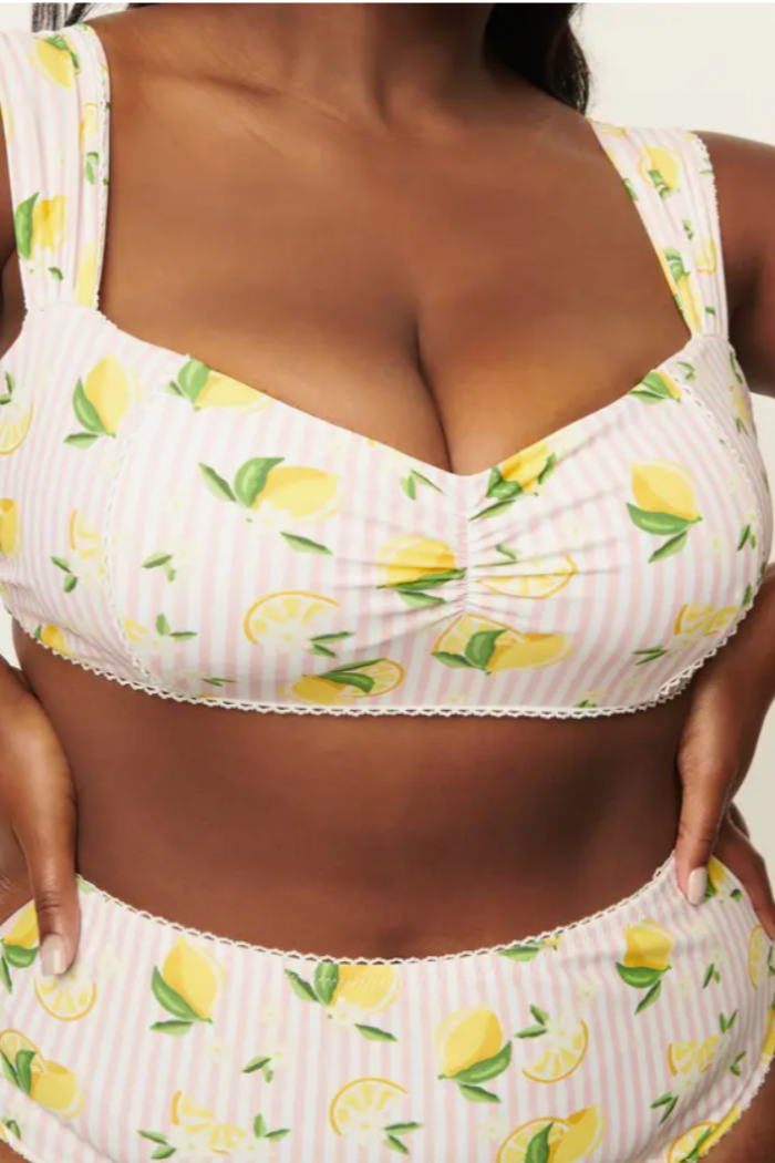 Light Pink Stripes & Lemons Ruched Swim Top.