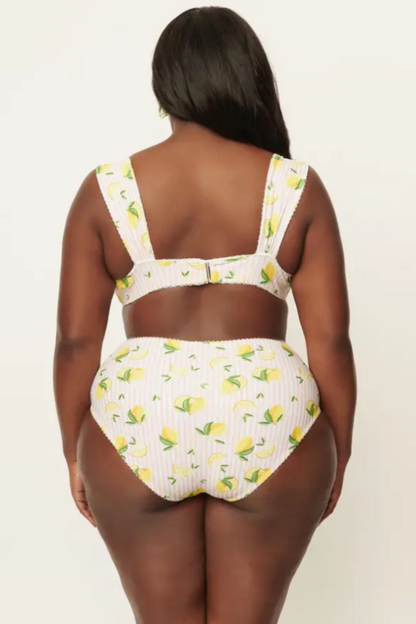 Light Pink Stripes & Lemons Ruched Swim Top.