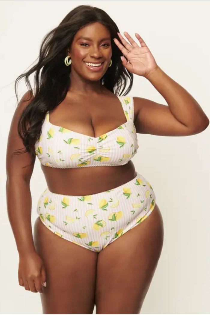 Light Pink Stripes & Lemons Ruched Swim Top.