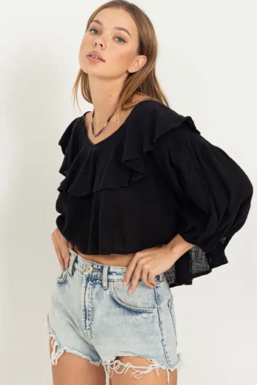 Sweetie Ruffled Three Quarter Sleeve Crop Top