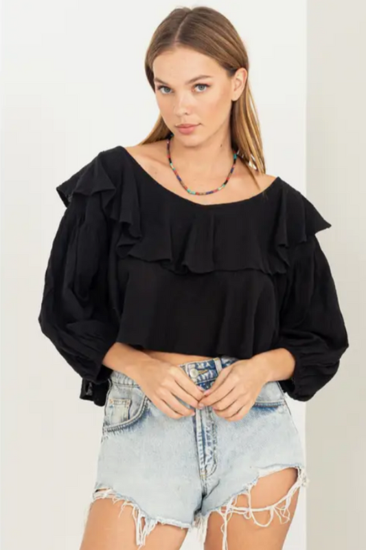 Sweetie Ruffled Three Quarter Sleeve Crop Top.