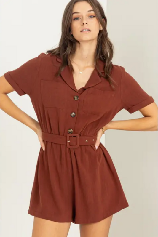 Comfy Cutie Button-Front Belted Romper.