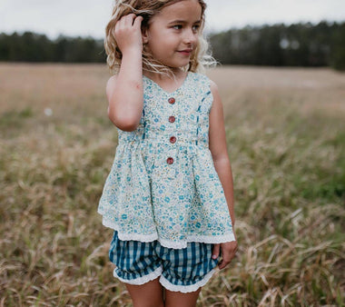Kids Blue Floral Spring Button & Bloomers Set Size 10