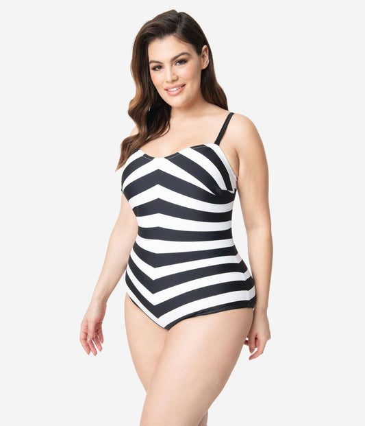 Barbie x Unique Vintage Plus Size Black & White Chevron One Piece Swimsuit