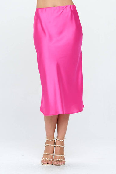 Pink Solid Satin Midi Skirt.