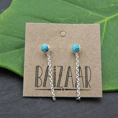 Sterling Silver Stone Stud Earrings with Drop Chain.