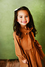 Kids Sienna Colored Button Long Sleeve Bow Dress
