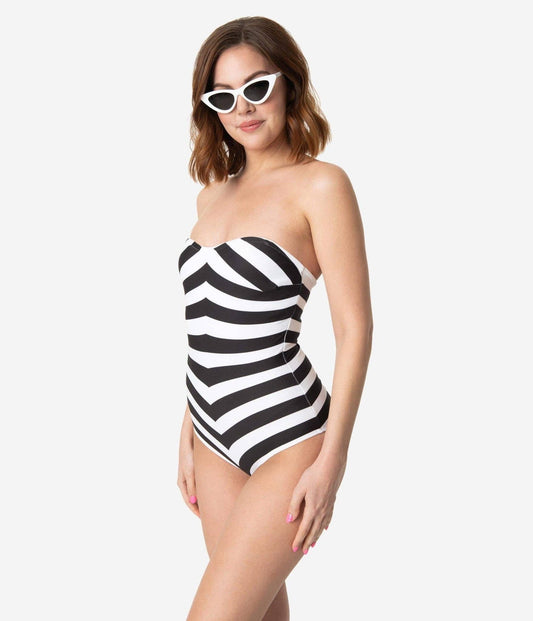 Barbie x Unique Vintage Black & White Chevron Stripe One Piece Swimsuit